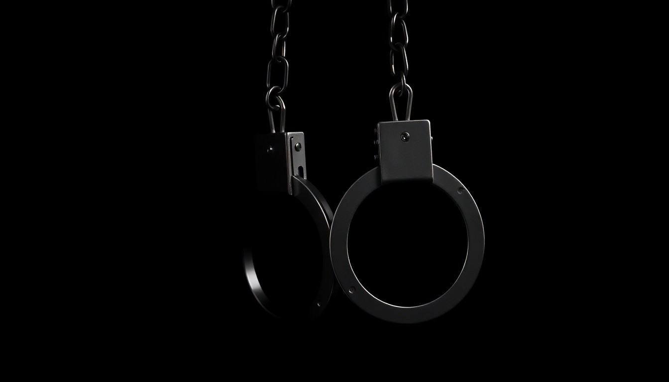 An extreme close-up photograph of a set of handcuffs against a stark black background, the metal gleaming under the harsh flash of a camera, conveying the serious and investigative nature of a crime-related incident.