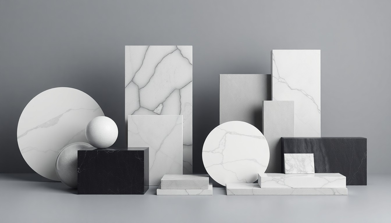 A minimalist, photorealistic studio still life featuring a collection of polished, geometric shapes in shades of gray, white, and black, conceptually representing the abstract forces of urban redevelopment and the tension between preservation and progress.