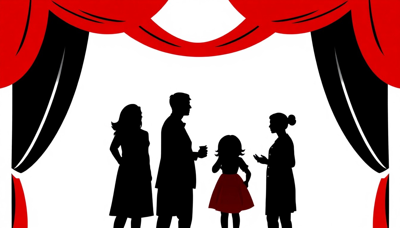 A striking abstract composition of jagged black shapes and bold red and white geometric forms, conceptually representing the vibrant return of a long-running community theater group to a new performance space.