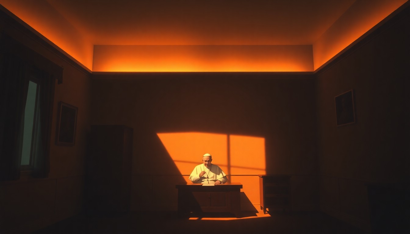 A solitary, dimly lit office space with a papal figure seated at a desk, the room bathed in warm, diagonal sunlight and deep shadows, conveying a sense of contemplation and political intrigue.