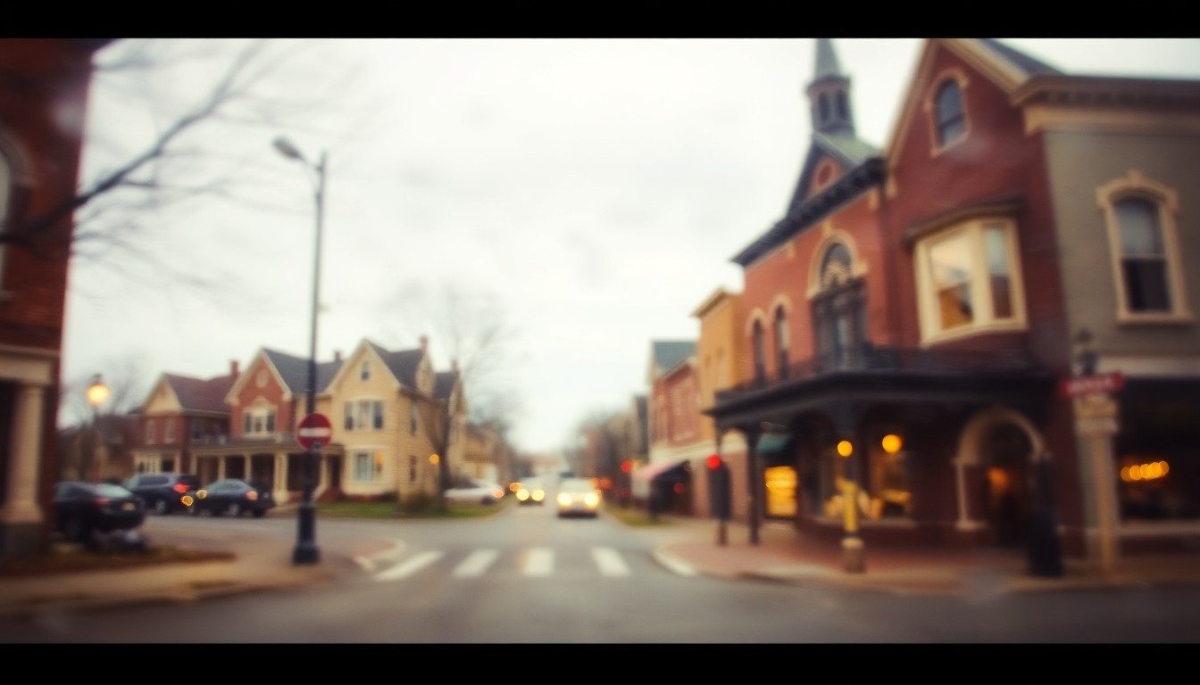 An impressionistic, out-of-focus photograph depicting the soft, warm-toned facades of historic homes and buildings along a Lancaster, Ohio street corner, conveying a sense of the neighborhood's evolving character over time.