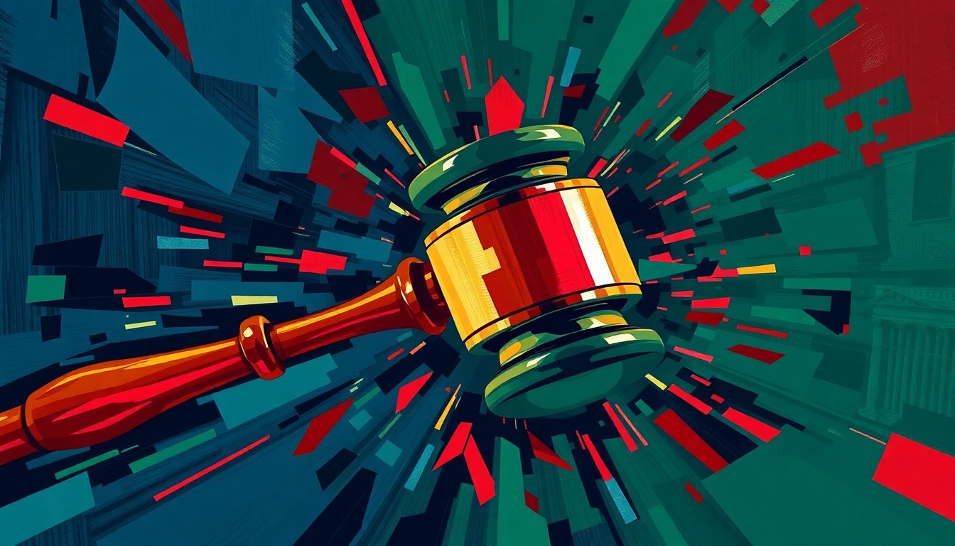 A dynamic, fragmented painting of a gavel or other political symbol in shades of navy, green, and red, conveying the urgency and intensity of legislative action.