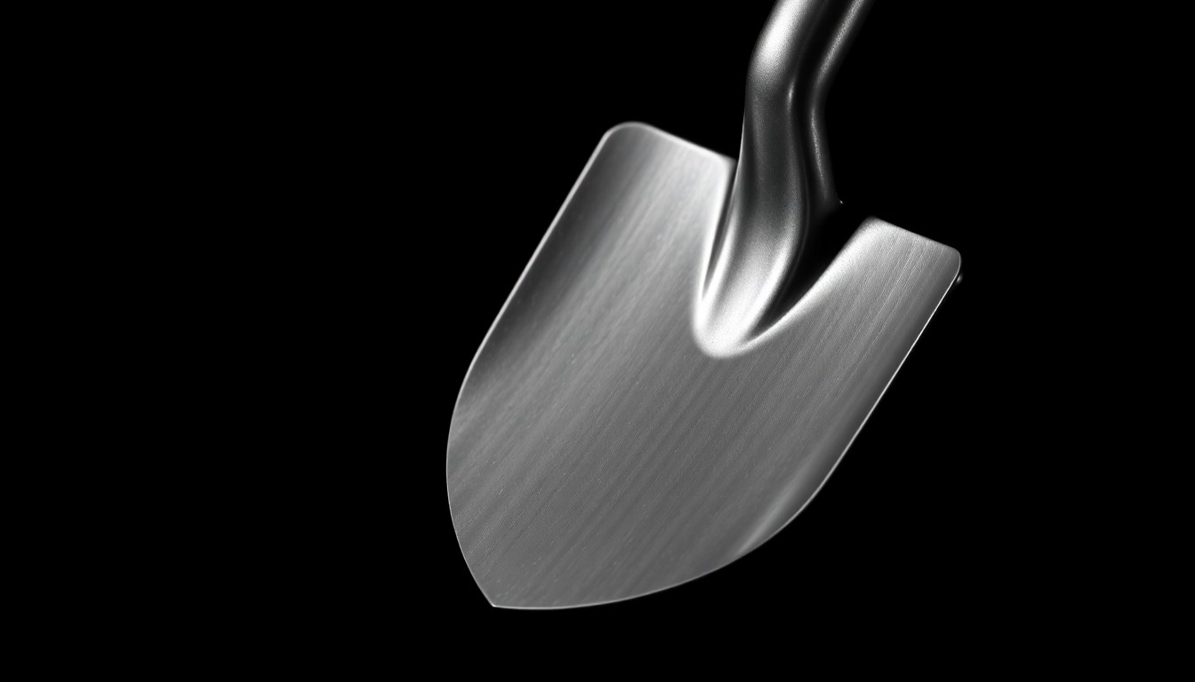 An extreme close-up photograph of a metal shovel head against a pitch-black background, lit by a harsh camera flash, conceptually representing the quick actions of Woburn DPW workers to stop a vicious dog attack using basic tools.