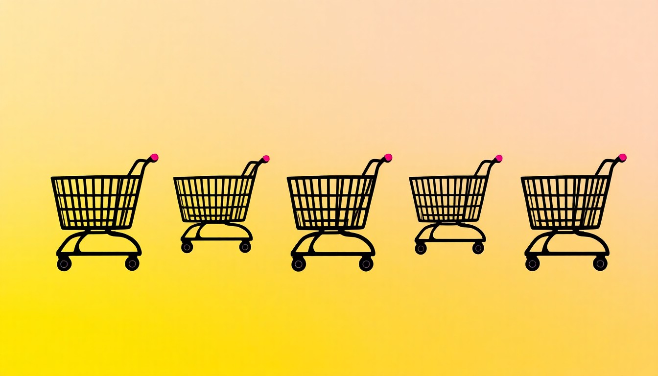 A highly stylized, abstract grid of brightly colored shopping cart icons in neon shades of blue, green, and pink, conceptually representing the prevalence of abandoned carts in Delaware communities.