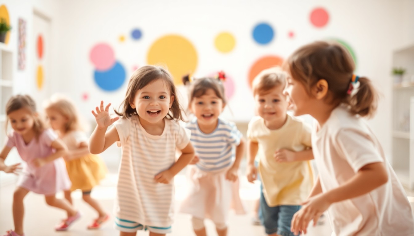 A softly focused, warm-toned photograph of a group of young children playing and laughing in a bright, cheerful indoor space, with the background blurred into abstract shapes and colors, conceptually representing the joyful and nurturing environment of a new community-based child care program.
