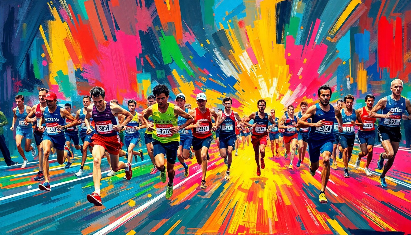 An abstract expressionist painting using bold, neon-colored brushstrokes to capture the dynamic movement and raw athleticism of runners competing in a marathon event.