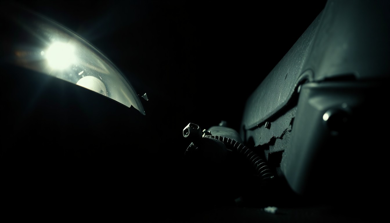 An extreme close-up photograph of damaged car parts or debris from a highway crash, lit by a harsh, direct camera flash against a pitch-black background, conveying the stark, gritty aftermath of the incident.