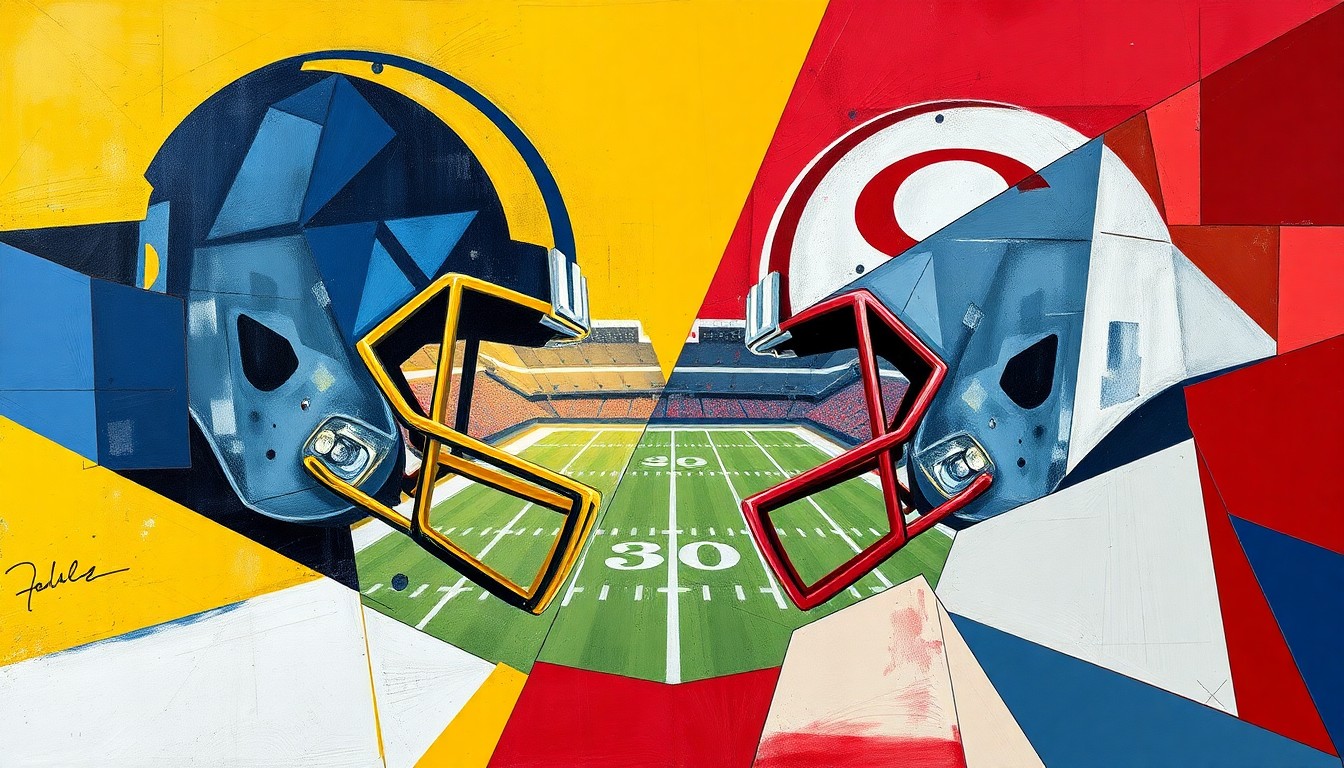 A fragmented, geometric painting depicting a football game in progress, with sharp planes of navy blue, gold, red, and white representing the competing teams in an abstract, deconstructed style.