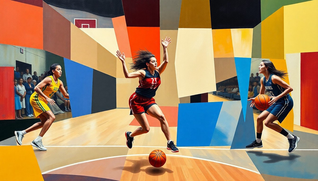 A fractured, cubist-style painting depicting the fragmented forms of women's basketball players in motion, with the court and ball also broken down into abstract geometric shapes and planes of color.
