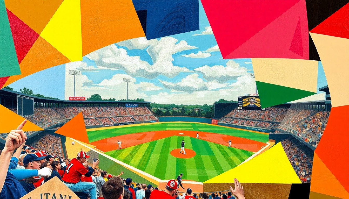 A fragmented, geometric painting depicting a high school baseball game, with the vibrant colors of the Natick and Weymouth teams overlapping in an abstract composition.