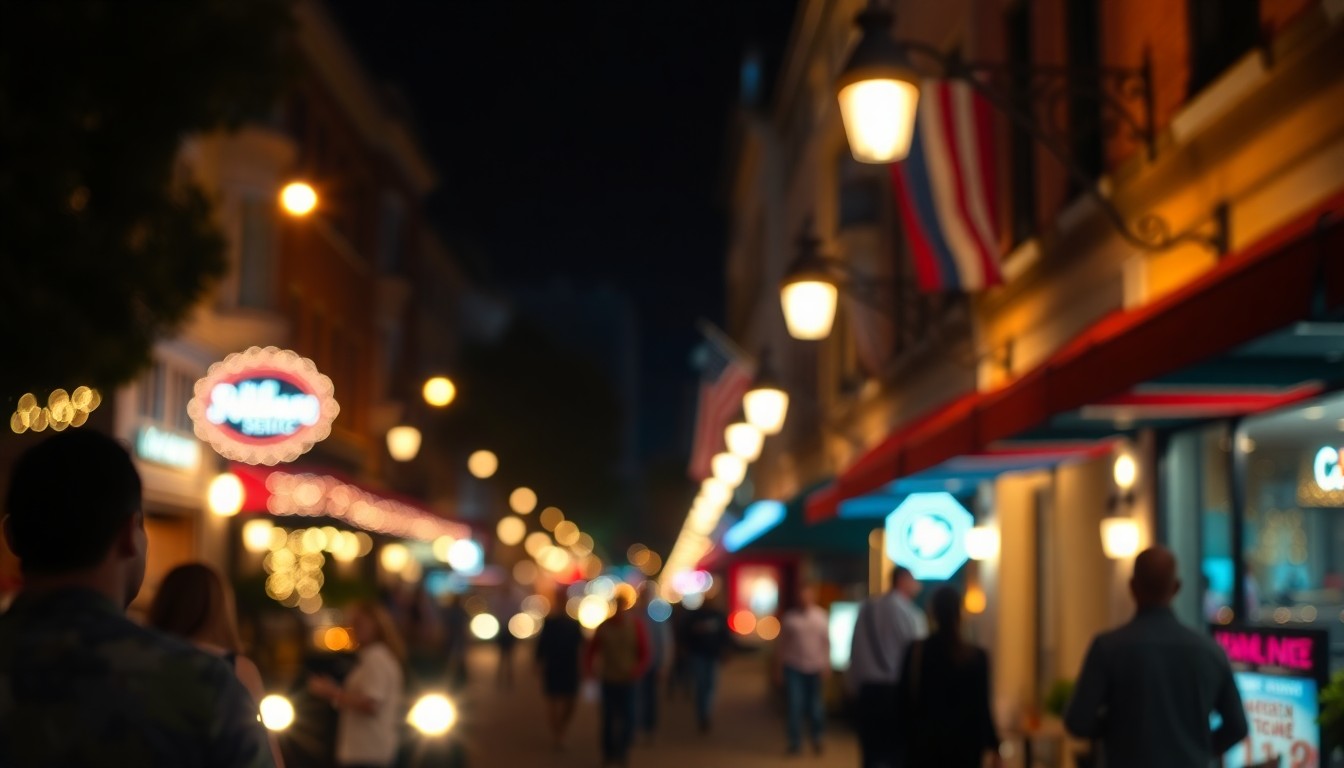An abstract, out-of-focus photograph of a busy city street at night, with blurred lights and silhouettes of people and buildings, conveying the atmospheric energy and changing nature of Savannah's dining scene.