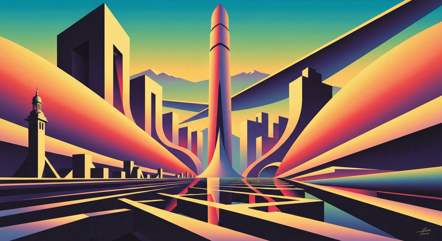 A highly stylized, geometric illustration in the Art Deco style, featuring sweeping gradients of blues and grays, towering architectural forms, and sleek, streamlined shapes, capturing the grand scale and romance of travel without any literal depictions.