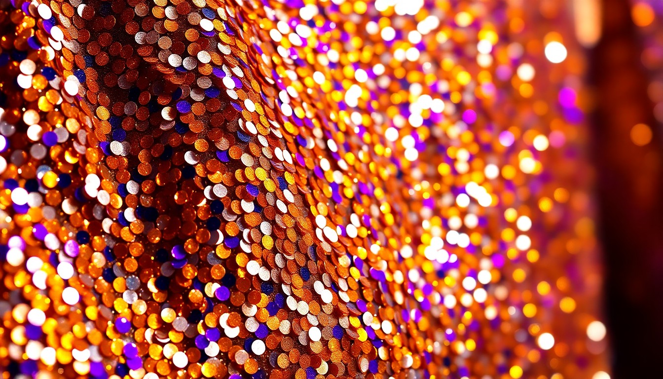 An extreme close-up photograph of shimmering, reflective sequins in a variety of metallic hues, conceptually representing the glamour and energy of a major music festival performance.
