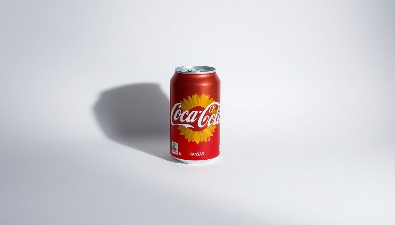 A photorealistic studio still-life image of a single premium Coca-Cola mini can featuring the Kansas sunflower design, placed elegantly on a clean, monochromatic background and dramatically lit to represent American pride and community spirit.