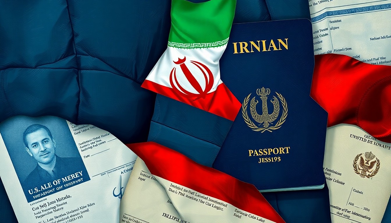 A dynamic, abstract painting with overlapping shapes and colors representing Iranian identity documents and U.S. immigration paperwork, conveying the complex intersection of politics and immigration.