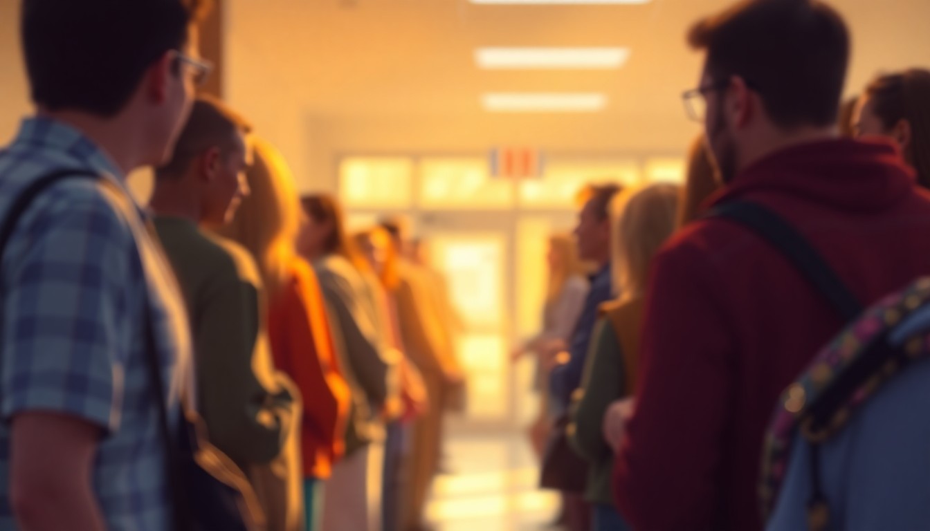 An abstract, impressionistic scene of people waiting in line at a community center, with soft, warm light and color creating a sense of anticipation and hope.