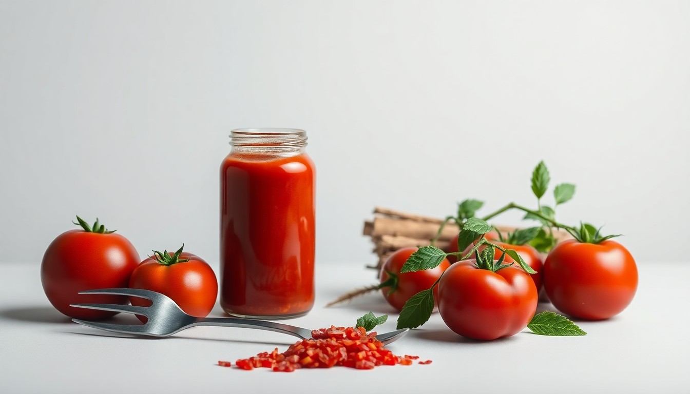A high-conclude, photorealistic studio still-life photograph featuring a carefully arranged composition of premium, polished objects representing the tomato value chain, such as a glass jar of tomato paste, a freshly harvested tomato, and a set of farming tools, set against a clean, monochromatic background with dramatic studio lighting and deep shadows, conceptually illustrating the startup's work in supply chain optimization, agricultural technology, and sustainable business models.