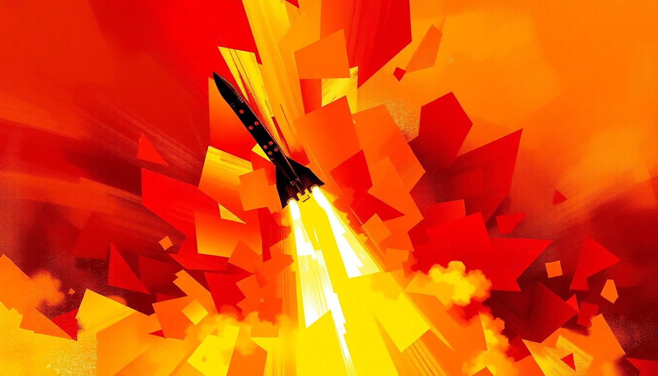 A vibrant, abstract painting depicting the launch of a missile, with overlapping geometric shapes and waves of fiery red, orange, and yellow colors conveying the power and speed of Iran's missile capabilities.
