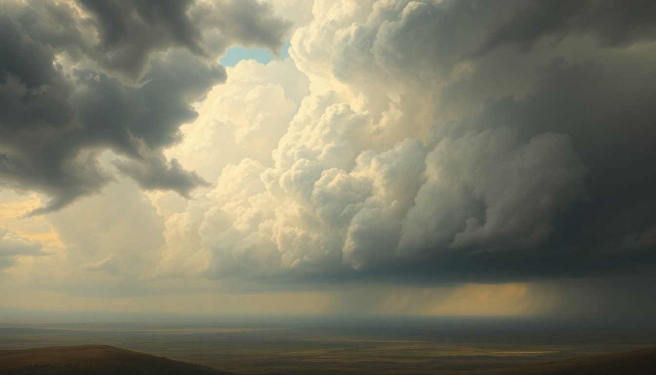 A sweeping, atmospheric landscape painting featuring a dramatic, turbulent sky filled with dark storm clouds looming over a distant, hazy horizon, with only faint, obscured structures visible in the foreground.