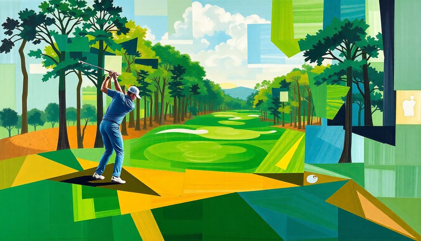 A dynamic, fragmented painting depicting a golfer's swing and movements on the course, rendered in a cubist style with sharp geometric planes in shades of green, brown, and blue.