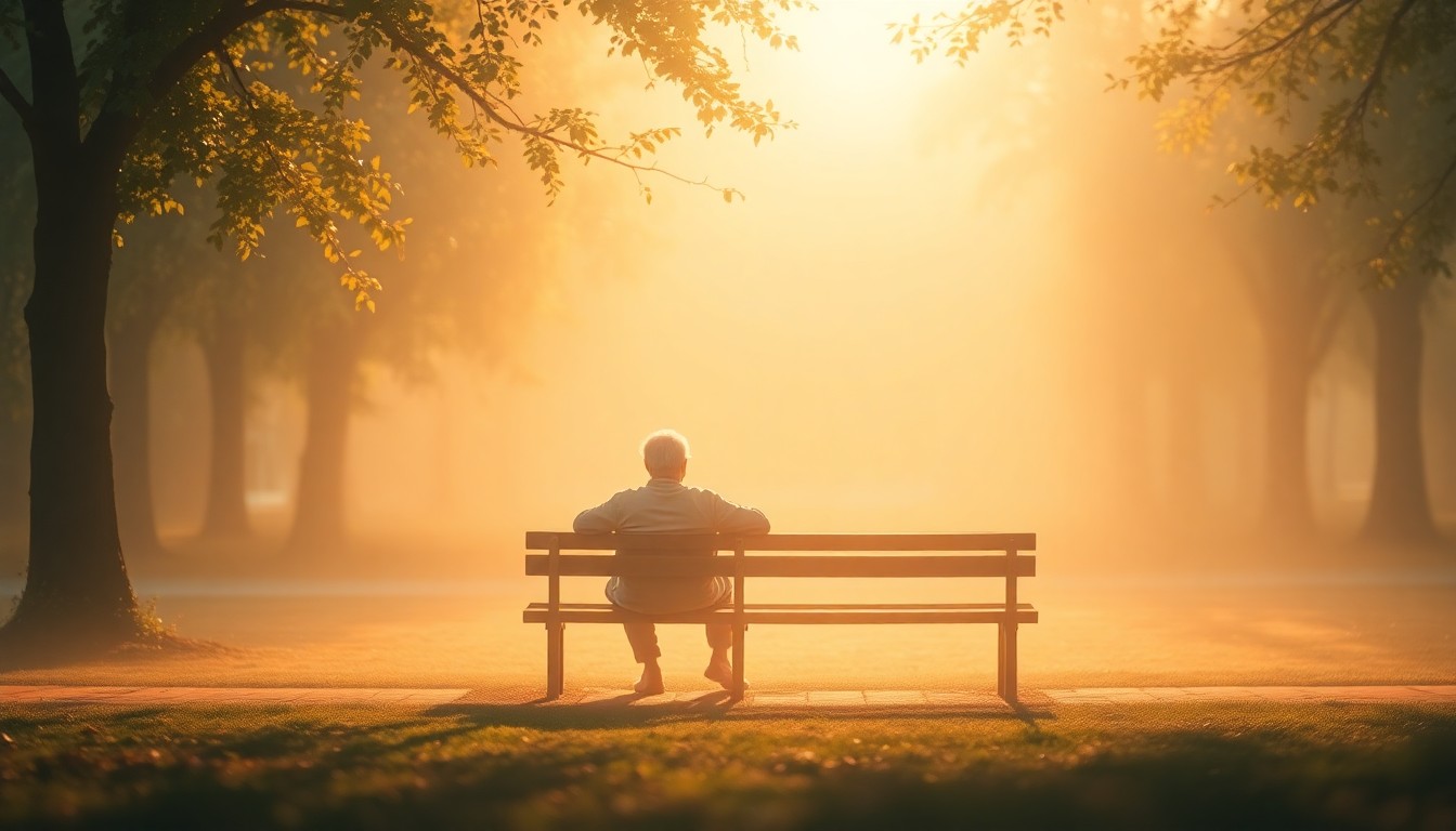 An extremely abstracted, out-of-focus photograph of an elderly person sitting on a park bench, surrounded by soft, warm pools of light and color, conveying a sense of solitude and the emotional complexities of aging.