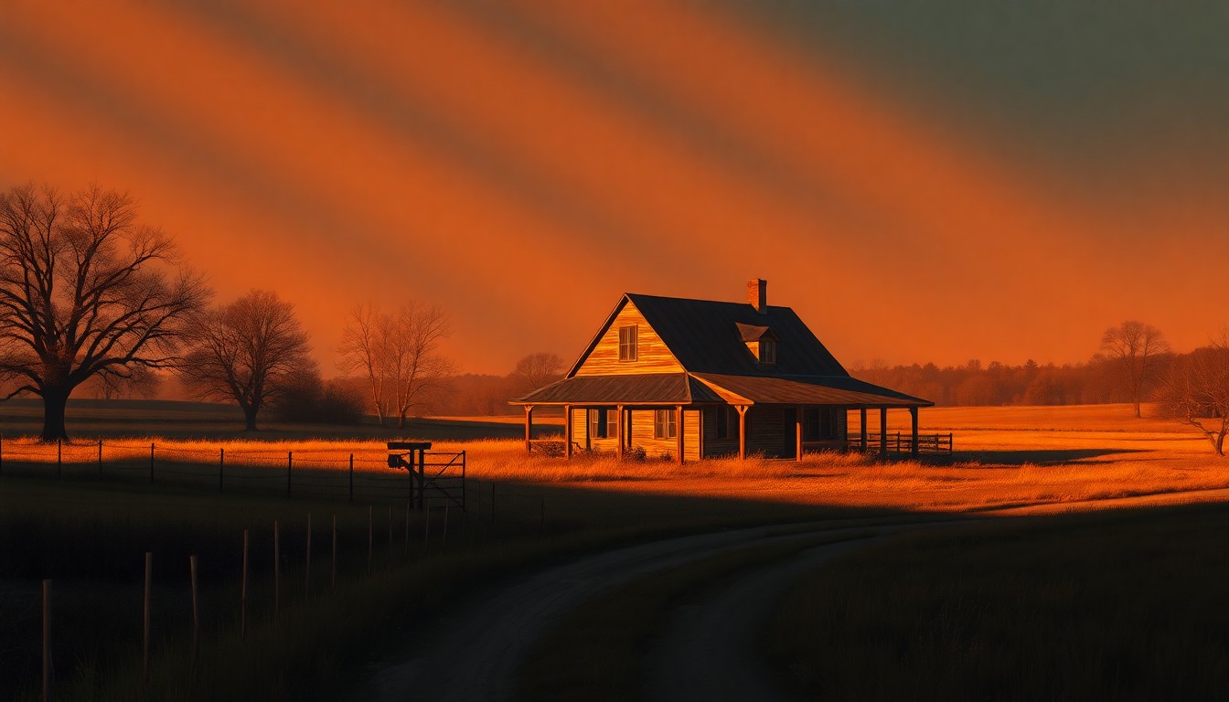 A serene, nostalgic painting of a weathered farmhouse set against a rural Benton County landscape, with warm sunlight casting long shadows across the scene, conceptually representing the community's desire to preserve its character and property rights.