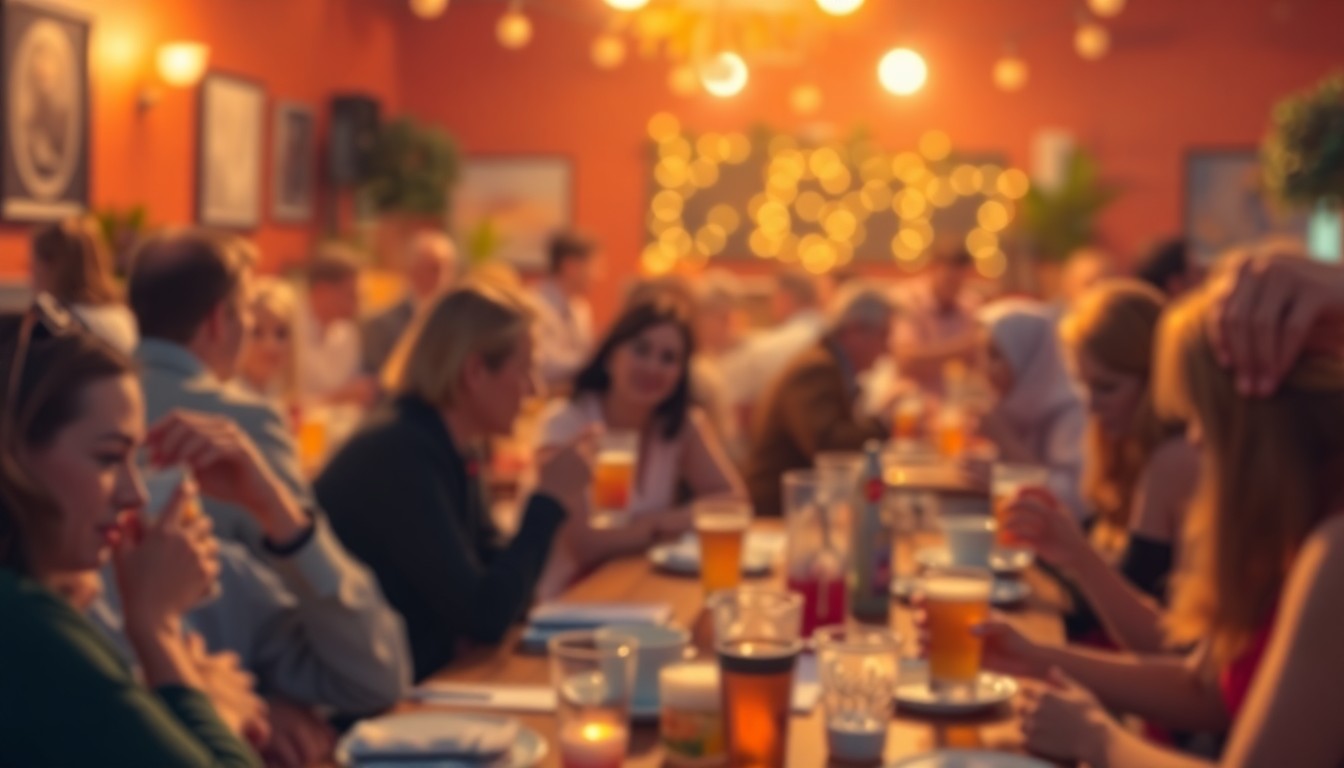 A softly blurred, abstract scene of people gathered around tables, with warm pools of light and color creating a cozy, inviting atmosphere.