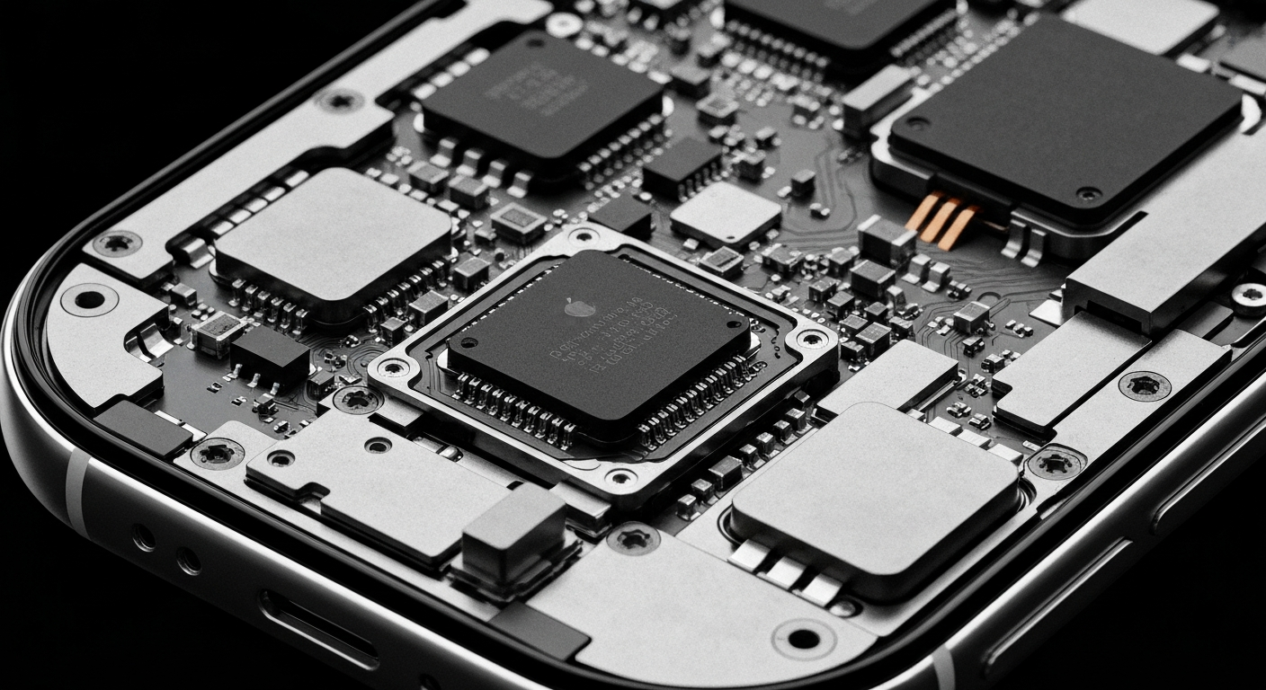 A highly detailed, black-and-white close-up image of the internal components and circuitry of an Apple iPhone, conveying a sense of the technological complexity and engineering prowess behind the company's products.