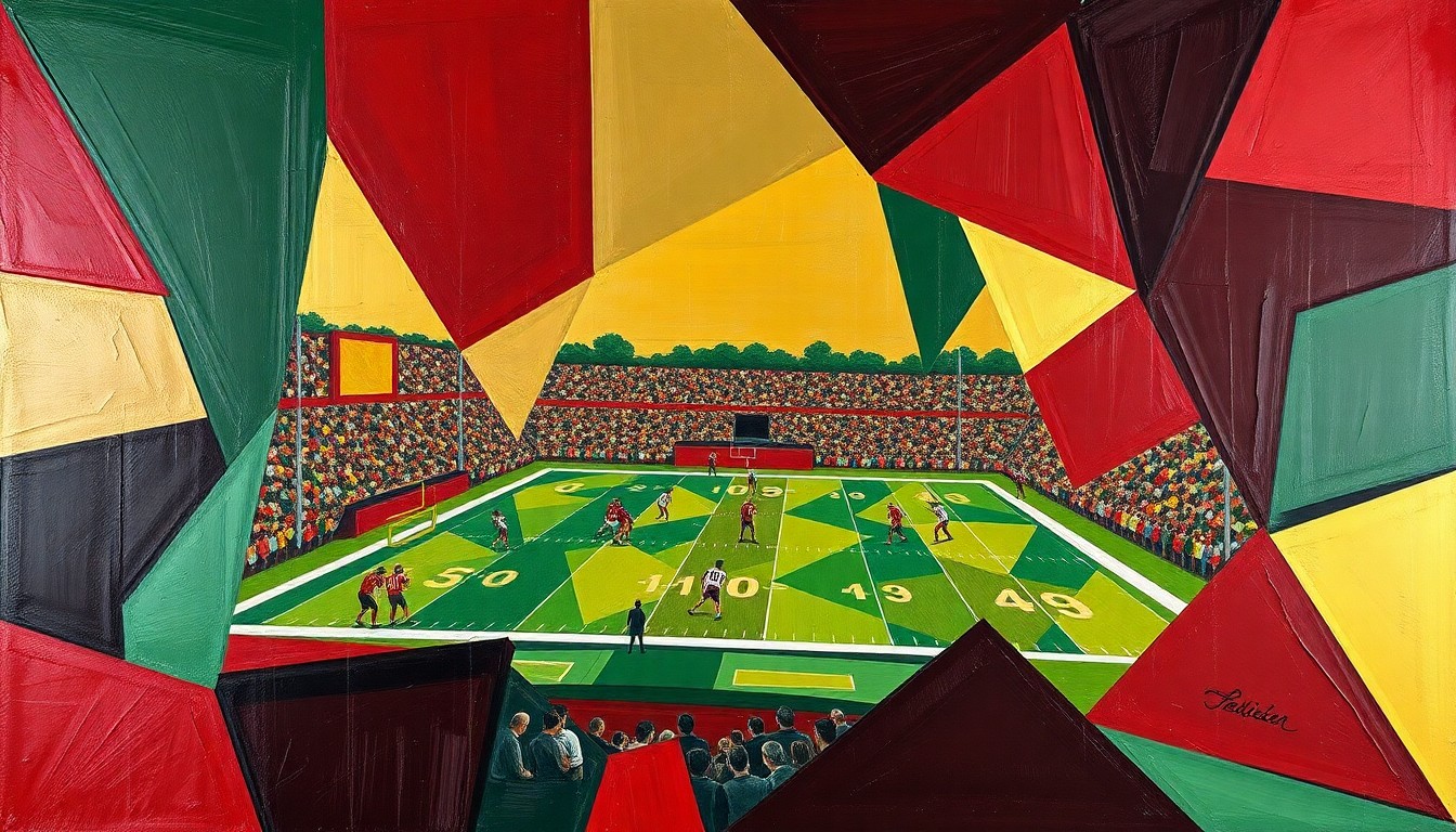 A fragmented, geometric painting depicting a high school football game, with the players and field broken down into sharp, overlapping planes of maroon, green, and gold, conveying the complex and evolving landscape of name, image and likeness contracts in prep sports.