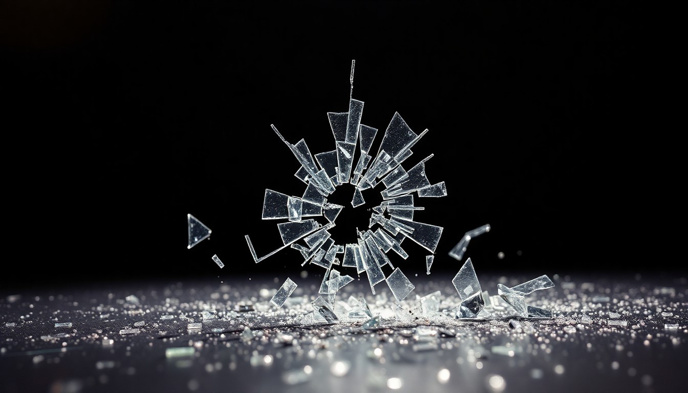 An extreme close-up of shattered glass reflecting a faint, glittering light, conceptually representing the fragility of the music industry and the personal sacrifices made by performers.