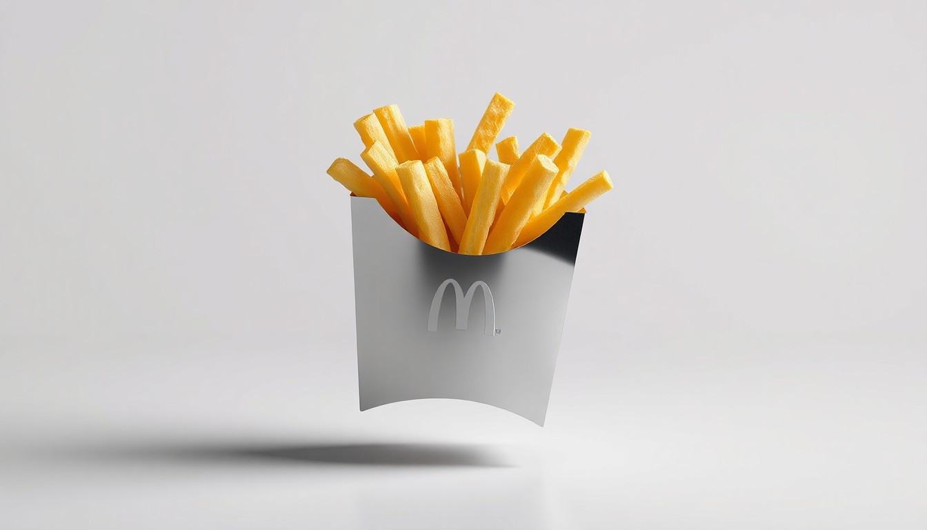 A high-end, photorealistic studio still-life photograph featuring a polished, geometric McDonald's french fry container made of premium stainless steel, floating on a clean, monochromatic seamless background with dramatic studio lighting and deep shadows to symbolize the abstract corporate strategy and financial performance challenges facing the fast-food industry.