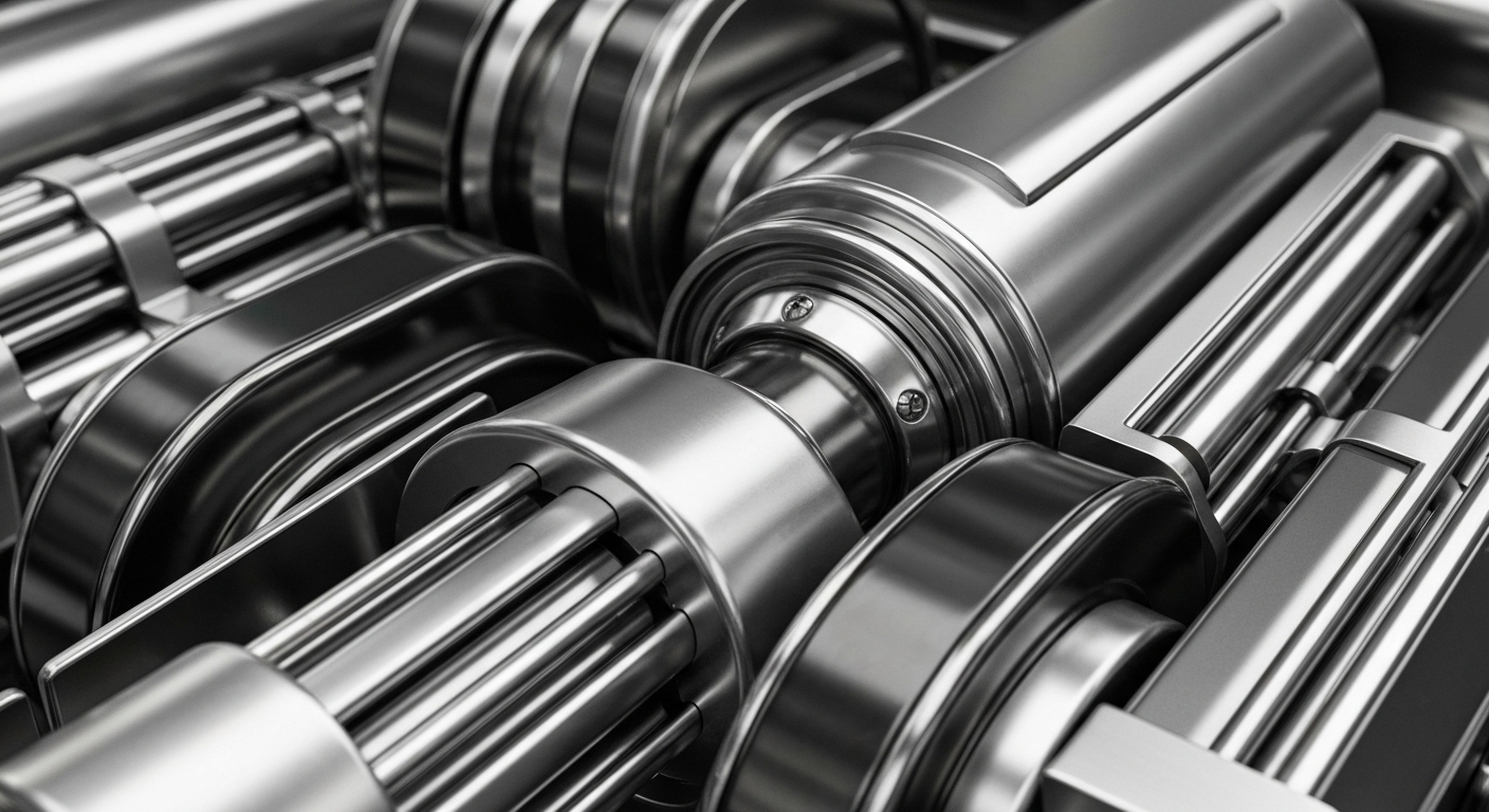 An extreme close-up of gleaming, complex banking machinery and equipment, conveying the secure, institutional nature of the financial services industry.