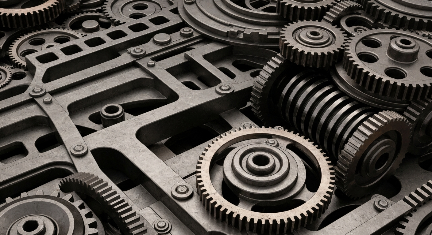 A highly detailed, cinematic close-up image of heavy, industrial machinery and gears in shades of steel grey, bronze, and black, conceptually representing the complex financial infrastructure and institutional investment that powers the semiconductor industry.