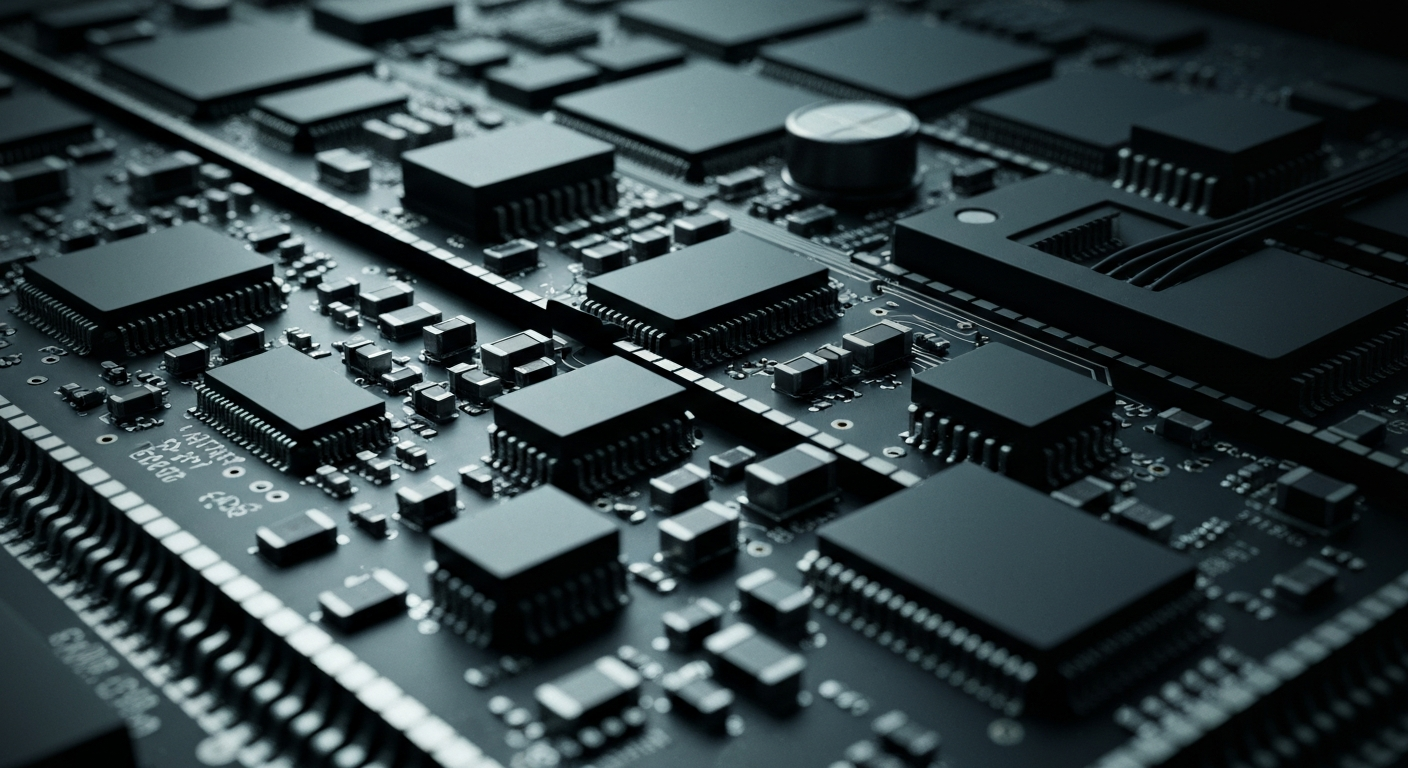 A highly detailed, cinematic close-up of the inner workings of a semiconductor chip, showcasing the intricate circuitry and power management systems that enable the advanced functionality of modern electronics.