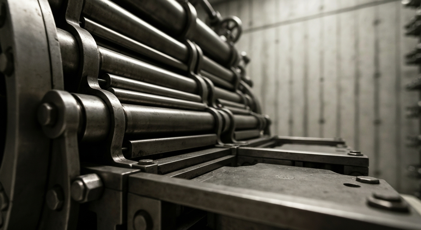An extreme close-up of industrial banking equipment and machinery, conveying a sense of the heavy, physical infrastructure that underpins the financial sector.