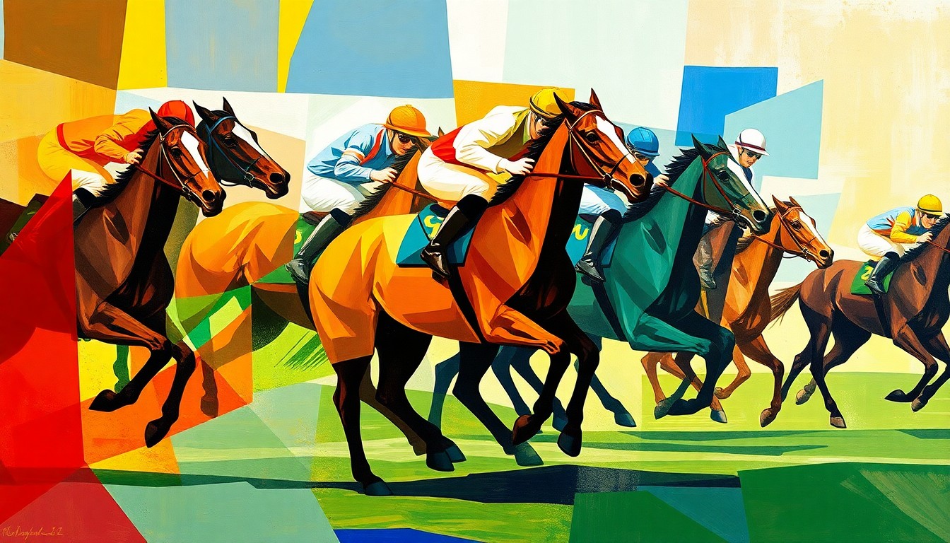 A fragmented, geometric painting depicting the dynamic motion and energy of a horse race, with the horses and jockeys abstracted into sharp, overlapping shapes and planes, capturing the essence of the sport's legendary figures.