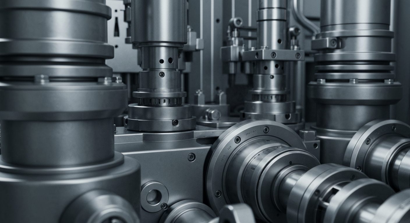 An extreme close-up of gears, valves, and other industrial components in muted tones, conveying the complex, high-precision nature of semiconductor manufacturing equipment.