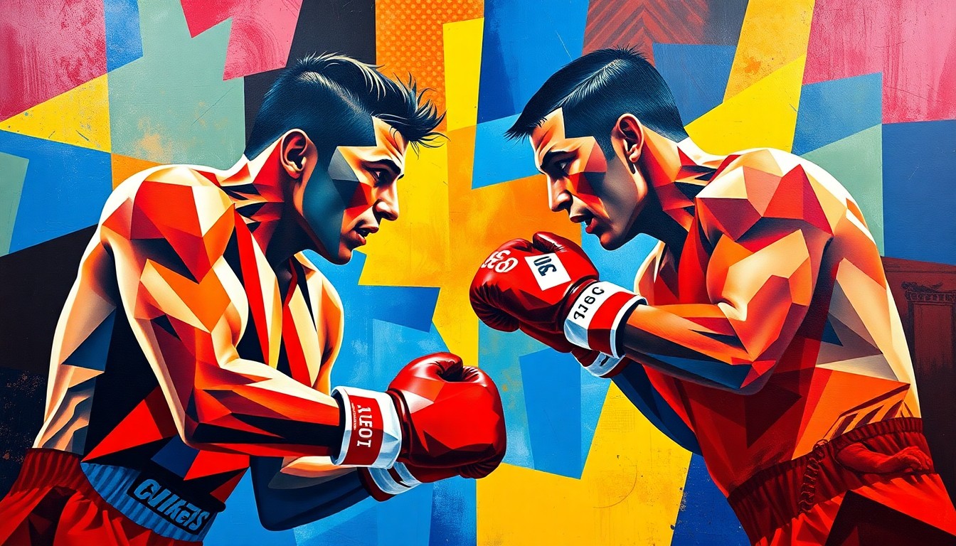 A cubist-style painting depicting a boxing match, with the fighters' forms broken down into sharp, overlapping geometric shapes in vibrant colors, capturing the dynamic energy and tension of the anticipated title fight.