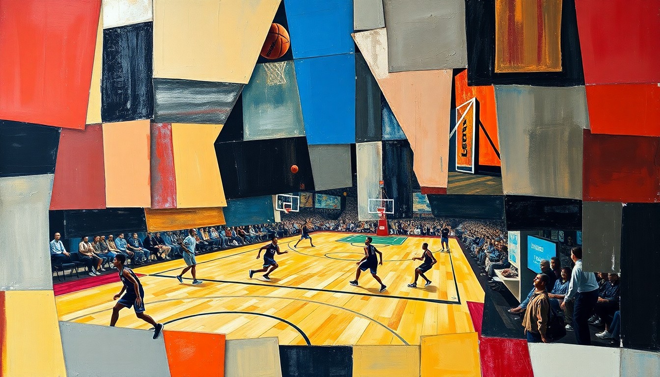 A cubist-style painting depicting a fragmented basketball court scene, with players and the ball broken down into sharp, overlapping geometric shapes in a vibrant color palette.