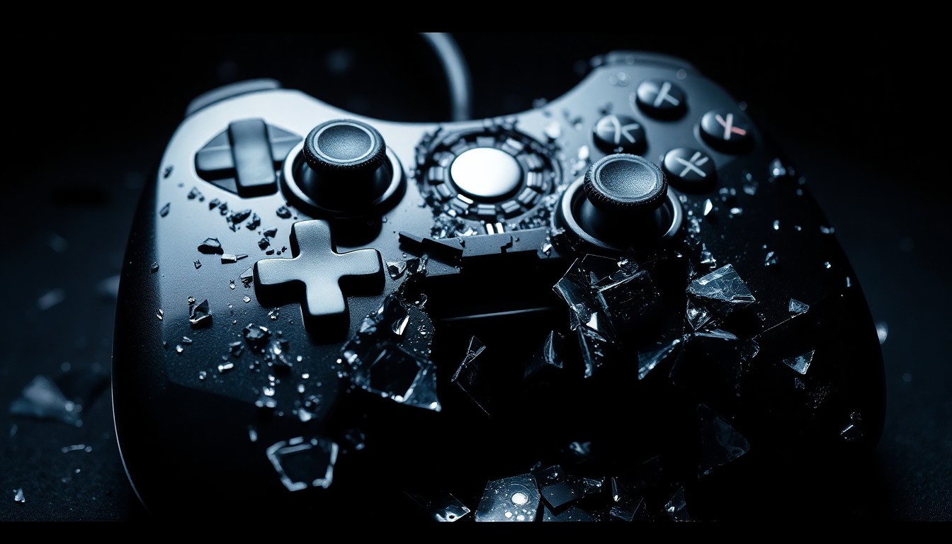 An extreme close-up of a shattered gaming controller, its reflective surface glittering with shards of glass and metallic components, conceptually representing the intensity and high-stakes nature of the Genesis X3 esports tournament.