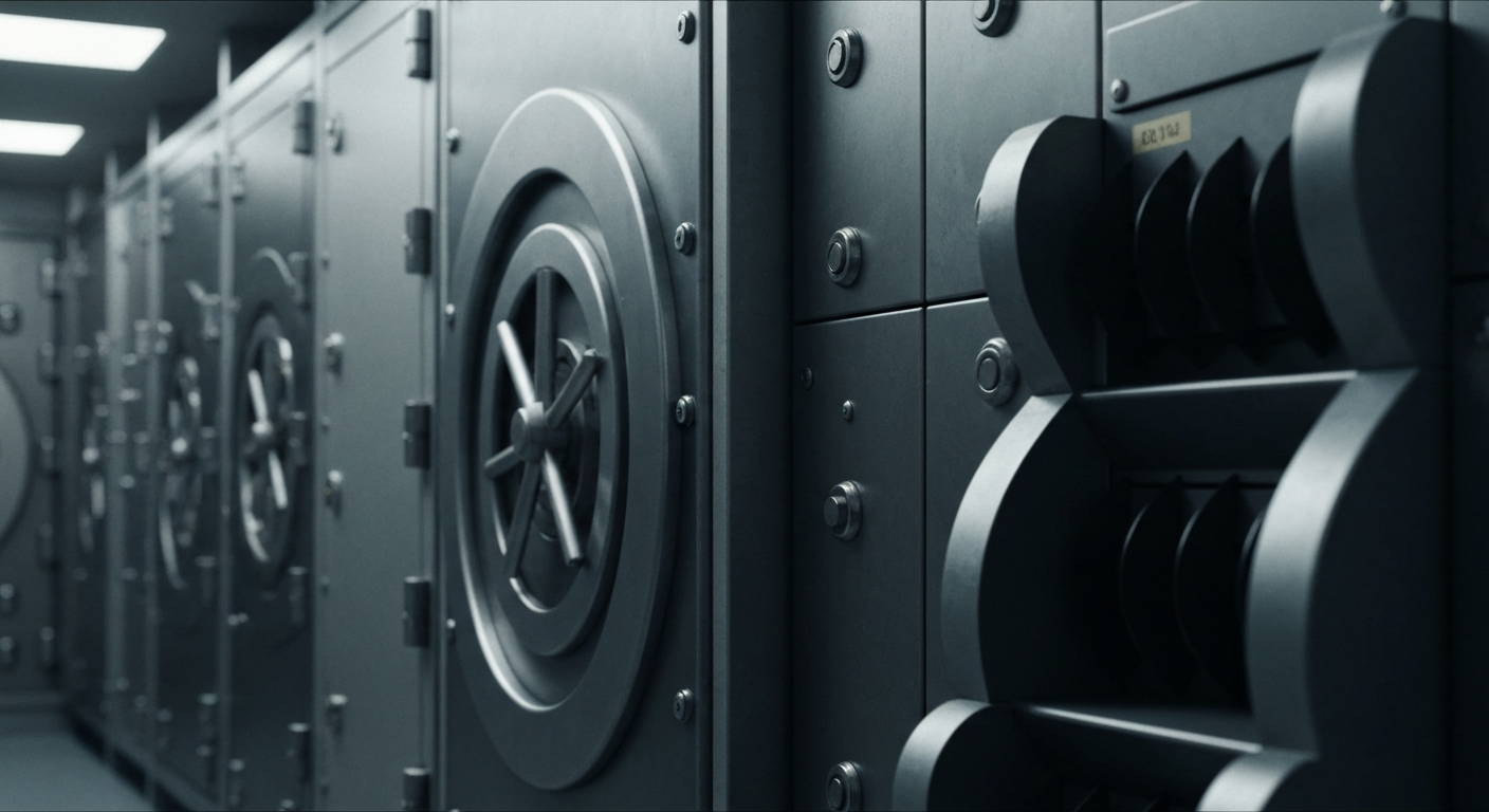 An extreme close-up of heavy, industrial banking equipment and machinery, conveying a sense of institutional financial security and stability without using literal currency or financial symbols.