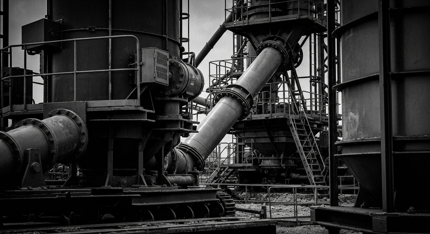A high-contrast, black and white close-up image of large, industrial machinery and equipment used in the production of fertilizers, conveying the scale and precision of the manufacturing processes that support the global agricultural supply chain.