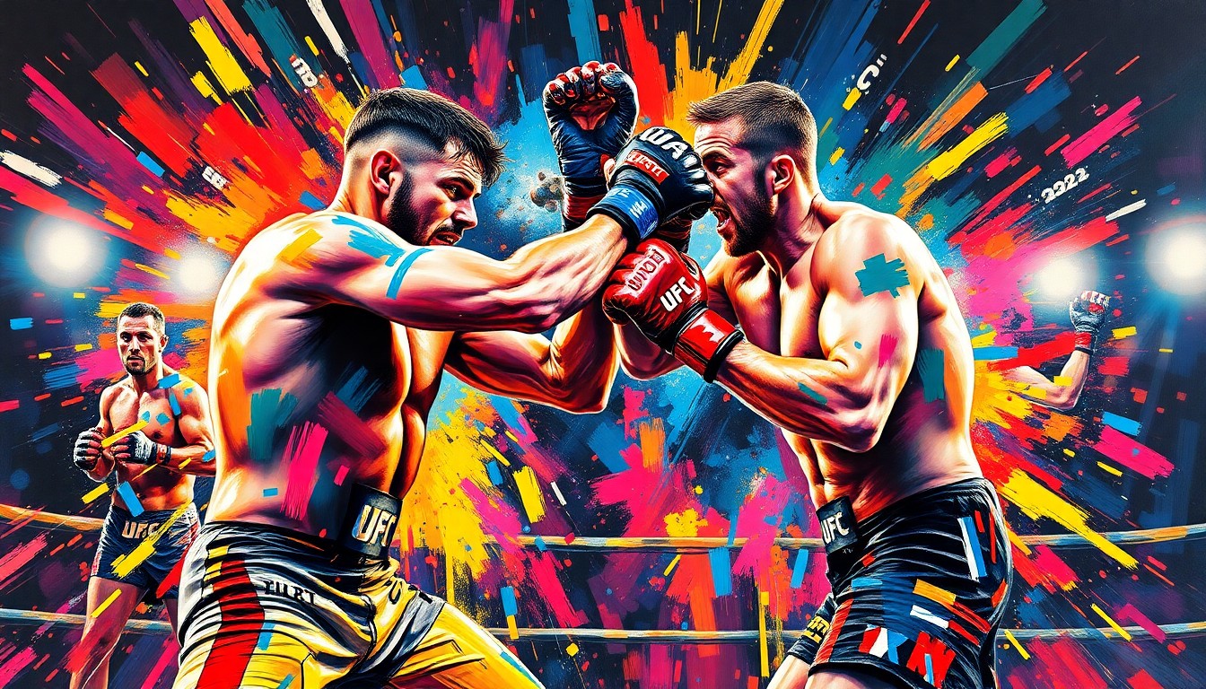 An abstract, expressionist painting in neon colors depicting the intense physical collisions and impacts of a UFC fight, capturing the raw energy and brutality of the sport.