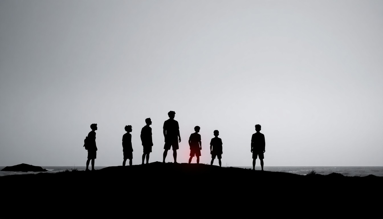 A bold, graphic illustration in the style of Saul Bass, featuring a stark black silhouette of a group of boys on a deserted island, with a single, glowing red conch shell at the center, representing the fragile unity that unravels in the face of primal instincts.