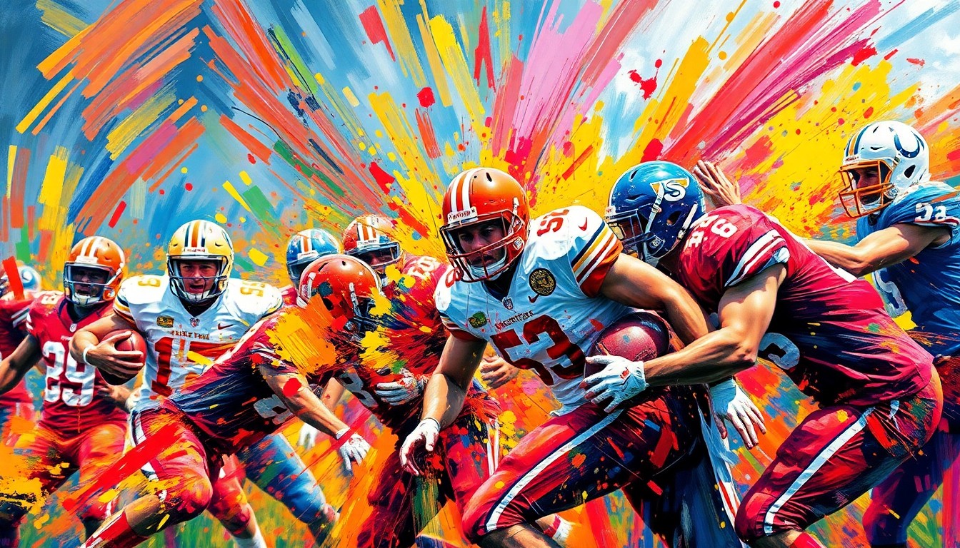 An abstract, expressionist painting in vibrant neon colors depicting the chaotic energy and physical movements of a college football scrimmage, with players' forms dissolving into unrecognizable brushstrokes.