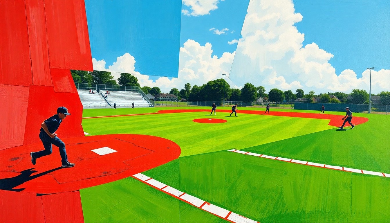 A cubist, geometric painting depicting the chaotic action of a high school softball game, with players' silhouettes and the field's shapes fractured into overlapping planes of bright green, red, and white.