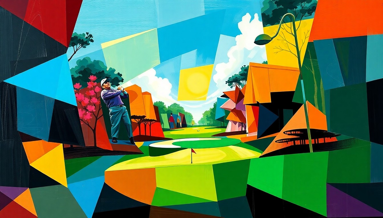 A cubist, geometric painting depicting the 2026 Masters golf tournament, with overlapping planes of color and shape representing the diverse viewing experience and the intense competition on the course.