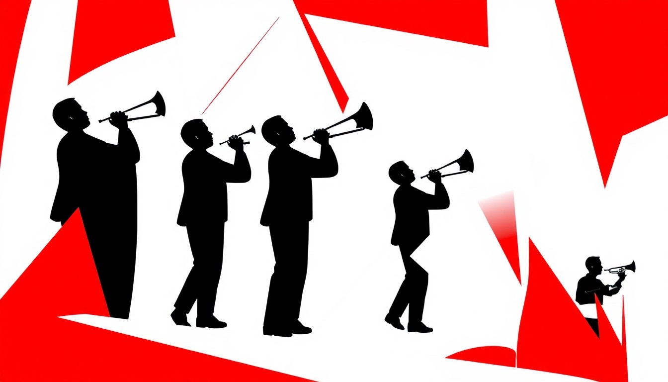 A striking abstract composition of bold, jagged geometric shapes in red and white, conceptually representing the energy and artistry of a spring wind ensemble performance.