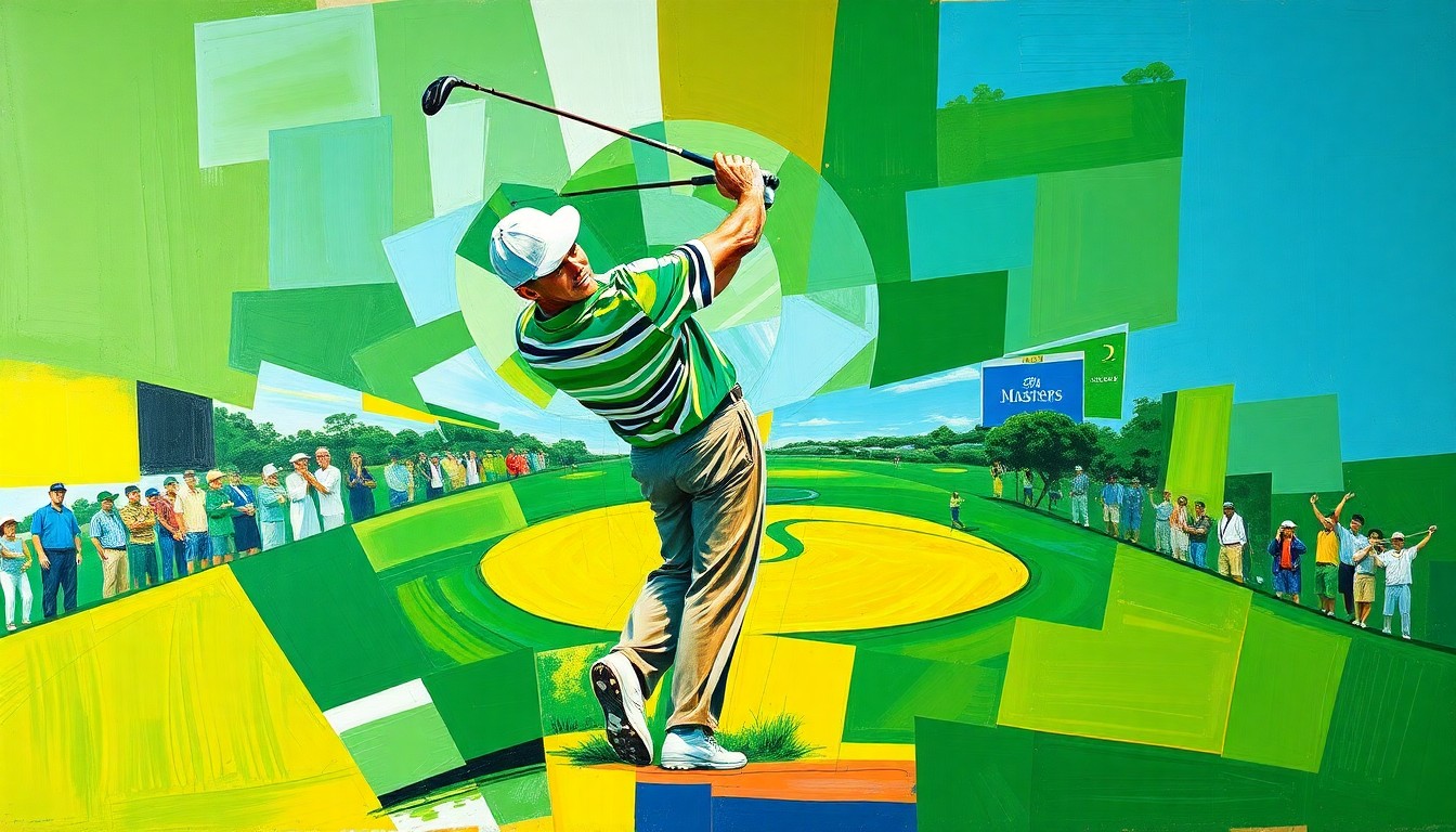 A cubist, geometric painting depicting a golfer's swing and the Masters tournament action broken down into sharp, overlapping planes of color, conveying the excitement and uncertainty of the final round.