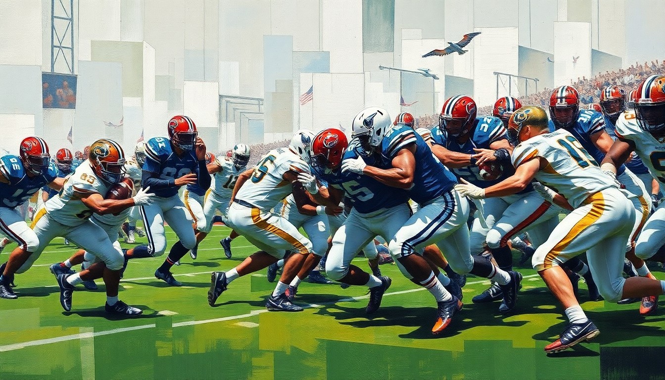 A cubist, geometric painting depicting the chaotic action of a college football scrimmage, with fragmented, overlapping shapes and planes representing defensive players making plays and the offense struggling to gain ground.